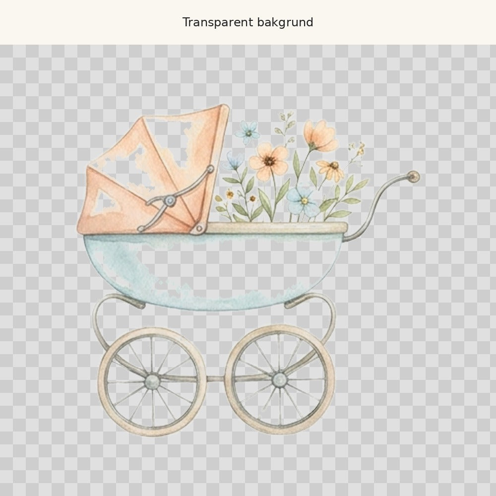 Barnvagn med blommor – transparent PNG-motiv (clipart)