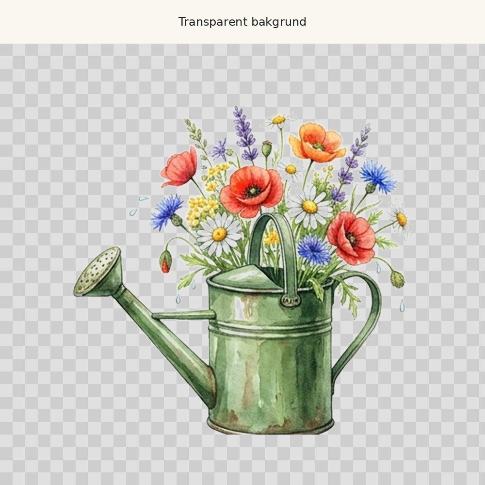 Vattenkanna med blommor – transparent PNG-motiv (clipart)