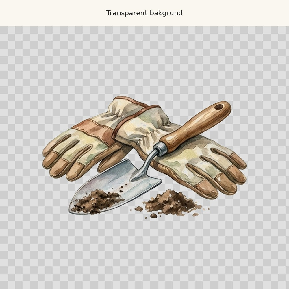 Trädgårdshandskar och spade – transparent PNG-motiv (clipart)