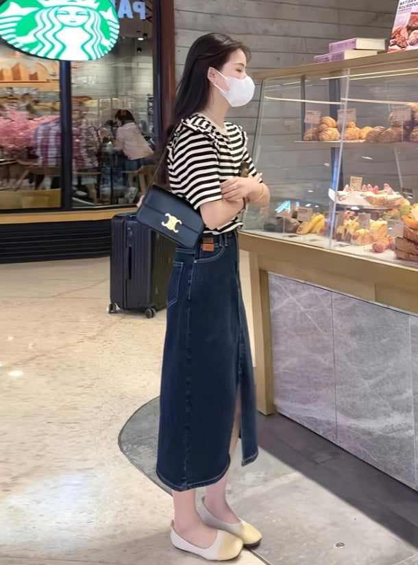 C it all High Waist Split Denim Skirt – A-Line Hip Mid-Length Blue
