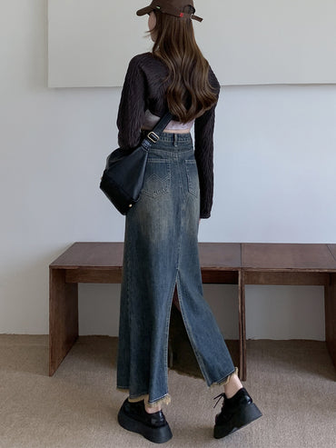 Niche Hot Girl Design Lotus Leaf Hip Fishtail Skirt Women's High Waist Slit Denim Skirt