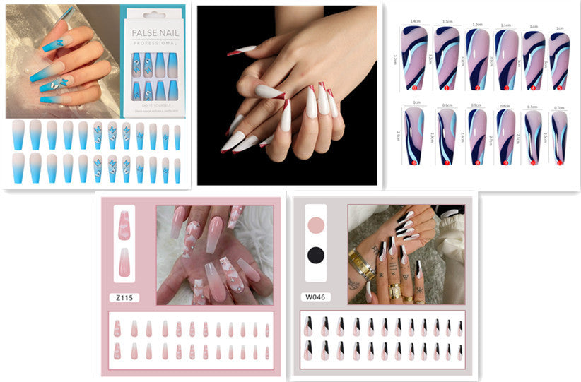 Long Ballet Press-On Nails - Black & White Design W046 | Professional Nail Stickers