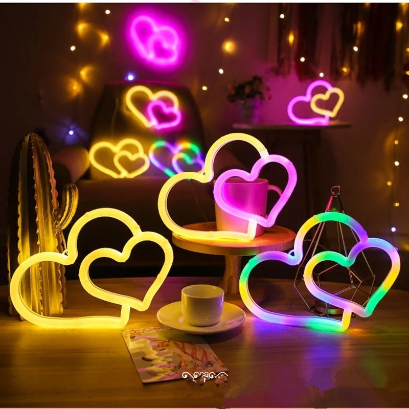 LED Néon USB Alimenté par Batterie Double Amour Chambre Décor Suspendu Maison Festive