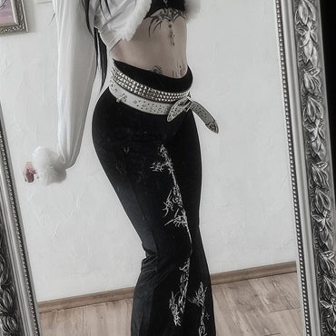 Fashion Temperament Slim Fit Velvet Print Bell-bottom Pants - Luxurious Temperament