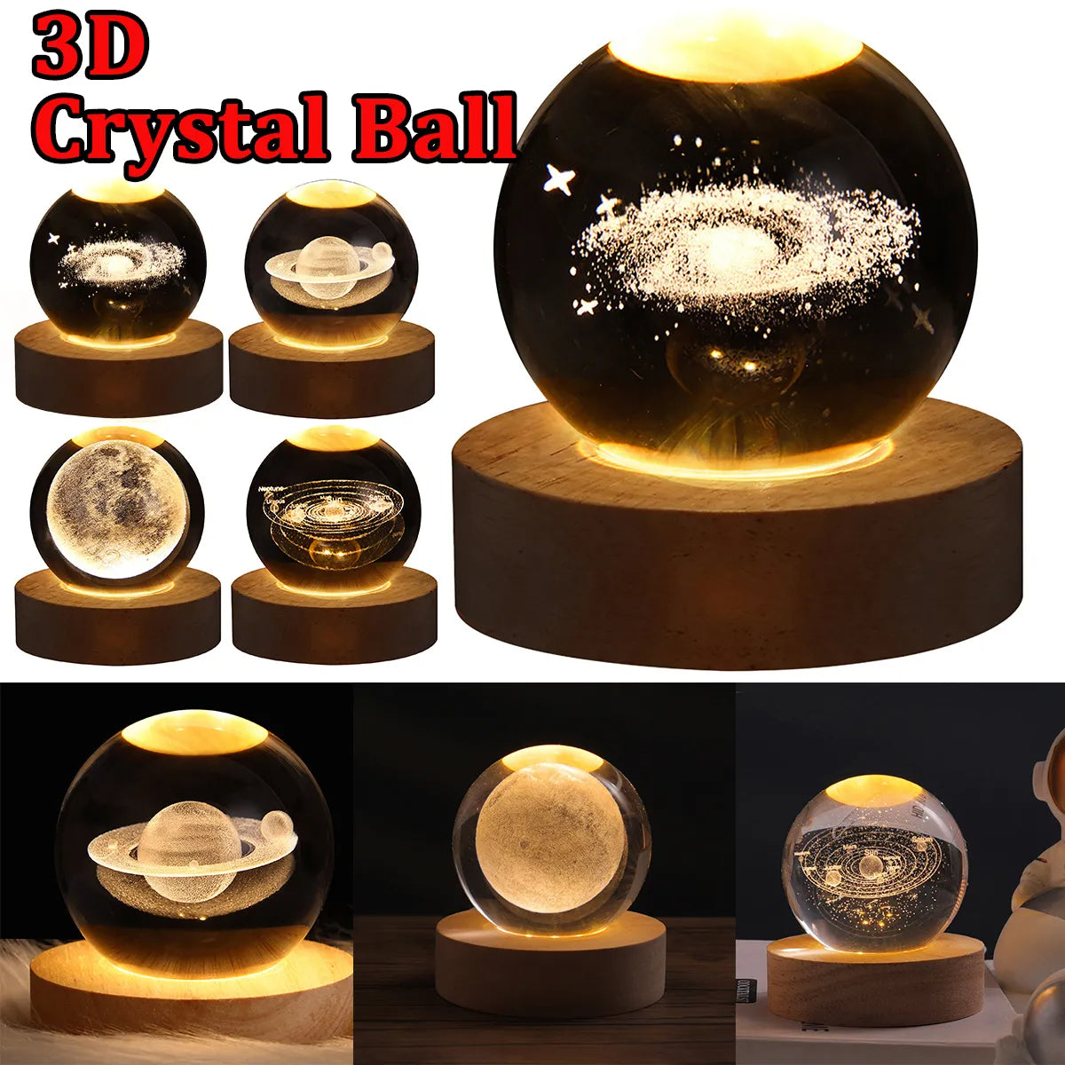 LED Nattljus Galaxy Crystal Ball Bordslampa 3D Planet Moon Lamp Sovrum Heminredning För Barn Fest Barn Födelsedagspresenter