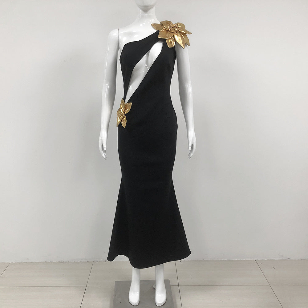 Slim-Fit Bandage Golden Flower Maxi Dress - Black Polyester