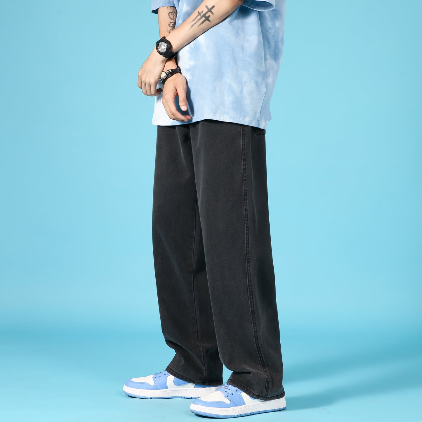 Raka Lösa Jeans Herr Fritidsbyxor Hip Hop Cargo Denim Byxor Med Dragkedja