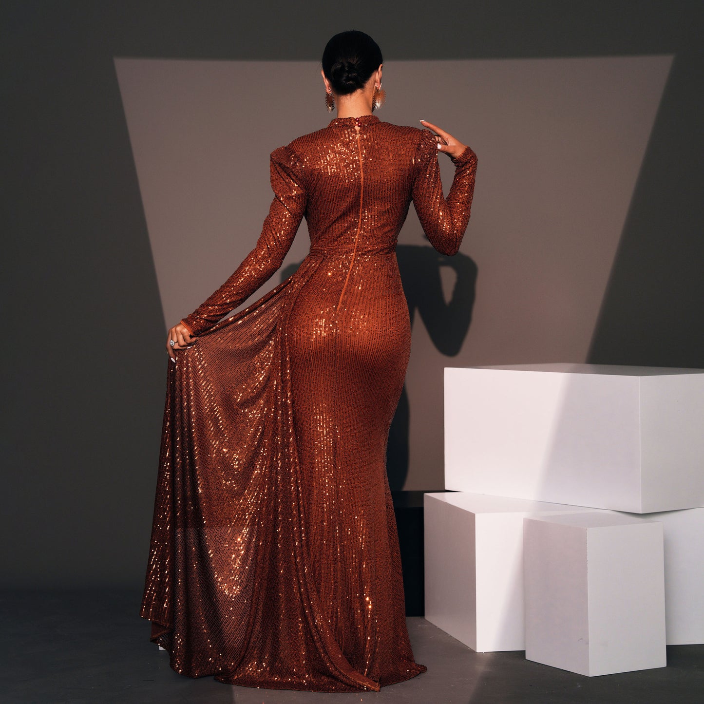 Long Sleeve Round Neck Sequined Banquet Dress - Hip Skirt Temperament Commute - Premium Polyester
