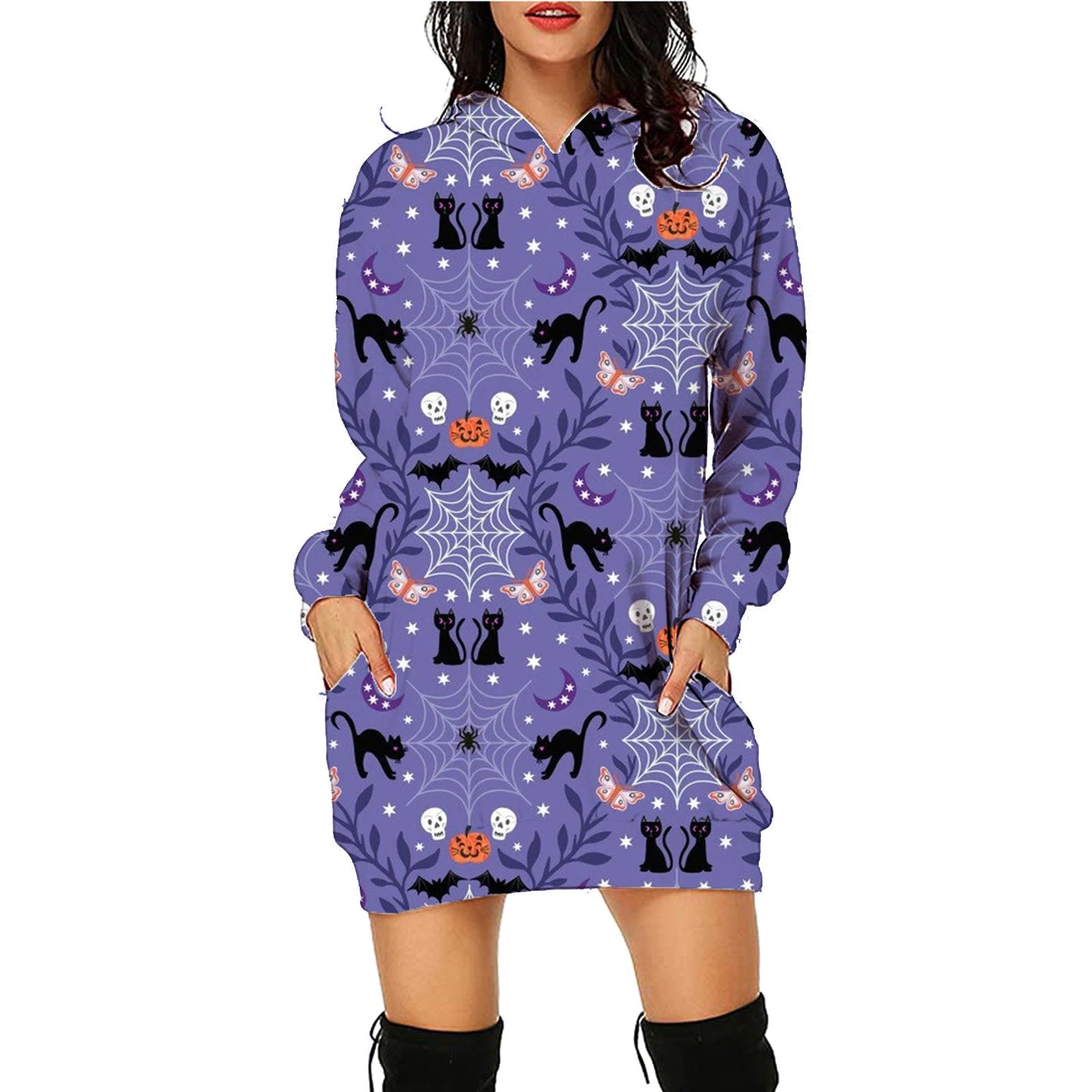 Halloween Print Lång Hoodie Med Fickor Tröja Långärmade Kläder Kvinnor