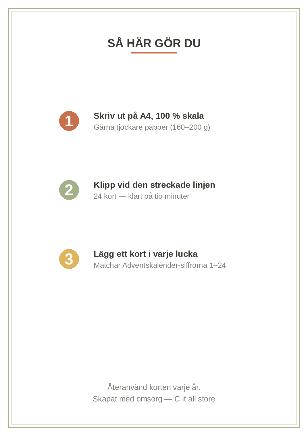 Adventskalender aktivitetskort — 24 julmys-kort att skriva ut (PDF)
