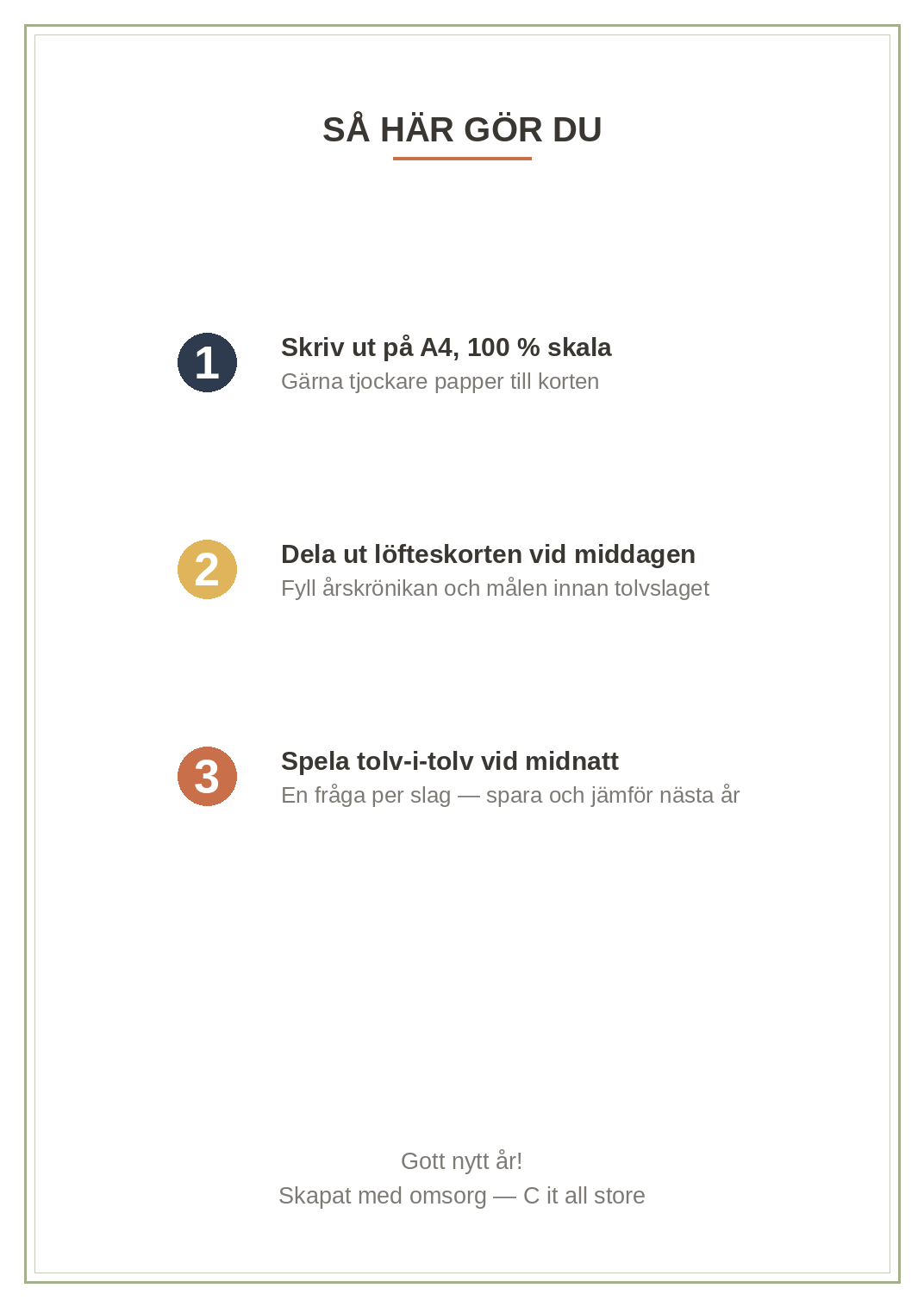 Nyårskit 2027 — löfteskort, årskrönika & tolv-i-tolv-spel (printbar PDF)