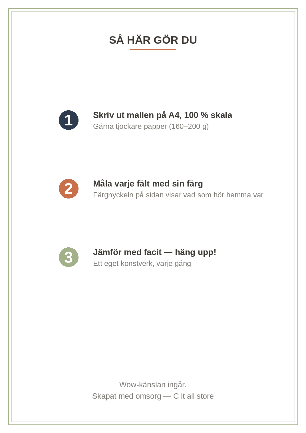Måla efter nummer — Jul vol. 1: 3 exklusiva motiv med mall + färgnyckel + facit (printbar PDF)
