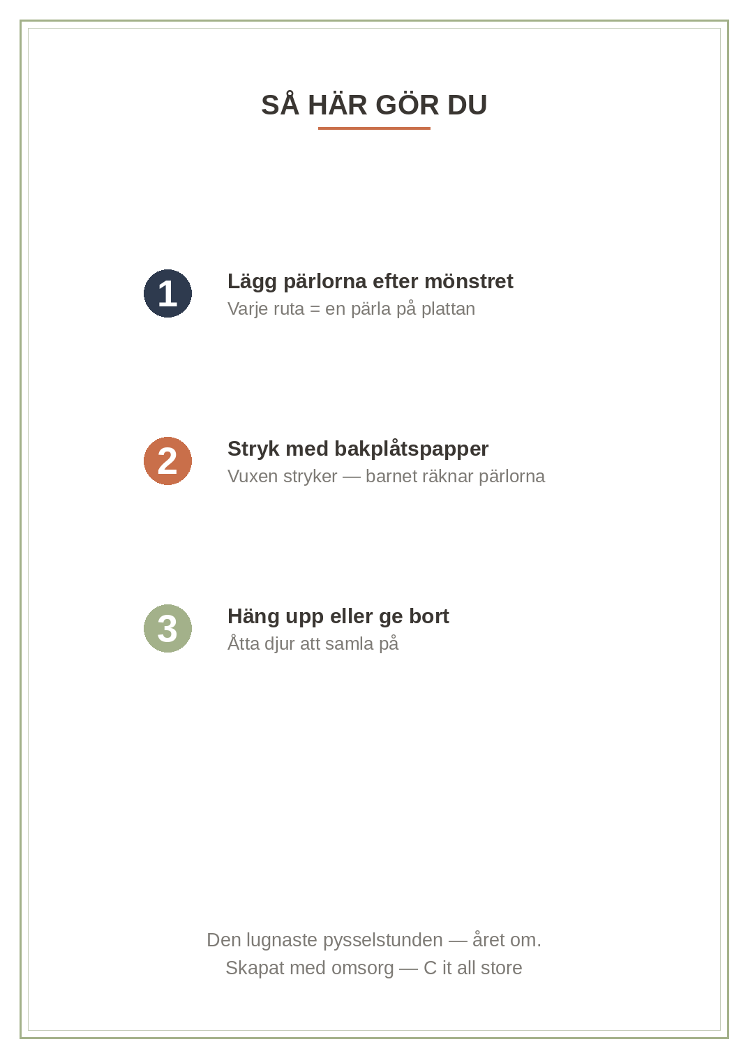 Pärlplattor Djur vol. 1 — 8 djurmönster 20×20 med färgkarta & antal pärlor (printbar PDF)