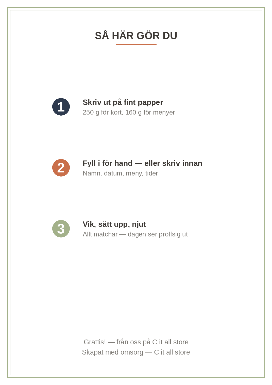 Bröllopspaketet — välkomstskylt, meny, bordkort, sittordning, tackkort & program (printbar PDF)