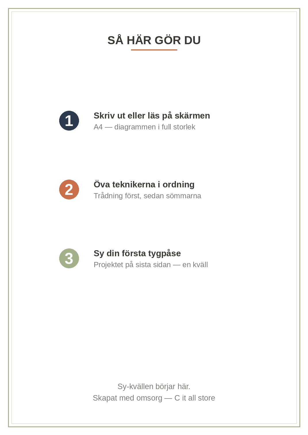 Sy-skola vol. 1 — grundtekniker för hand: material, sömmar, knapp, laga & första projektet (printbar PDF)