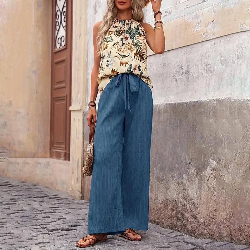 Damkläder med två delar, sommar, casual, ärmlös, halterneck, crop tops, vida ben, set med byxor