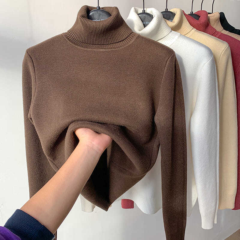 Turtle Neck Vintertröja Dam Elegant Tjock Varm Dam Stickad Pullover Lös Basic Stickat
