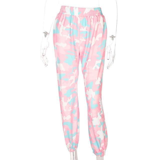 NCLAGEN 2021 Nya kvinnor rosa camouflage Skriv ut byxor Loose Harem Camo byxor Spring High Midja Casual Joggers Elastisk S Vetbyxor