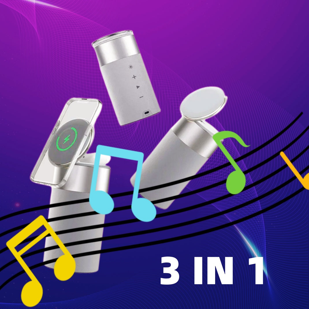 3-i-1 multifunktionell iPhone och AirPods trådlös laddare bärbar Bluetooth-högtalare med pekskärm för hem och kontor