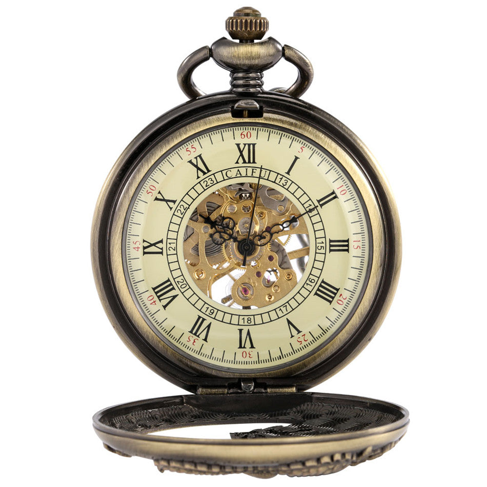 Retro Design Hollow Dragon Roman Literal Manual Manipulator Pocket Watch - Mythological Intricate Classic Precise Unique Craftsmanship