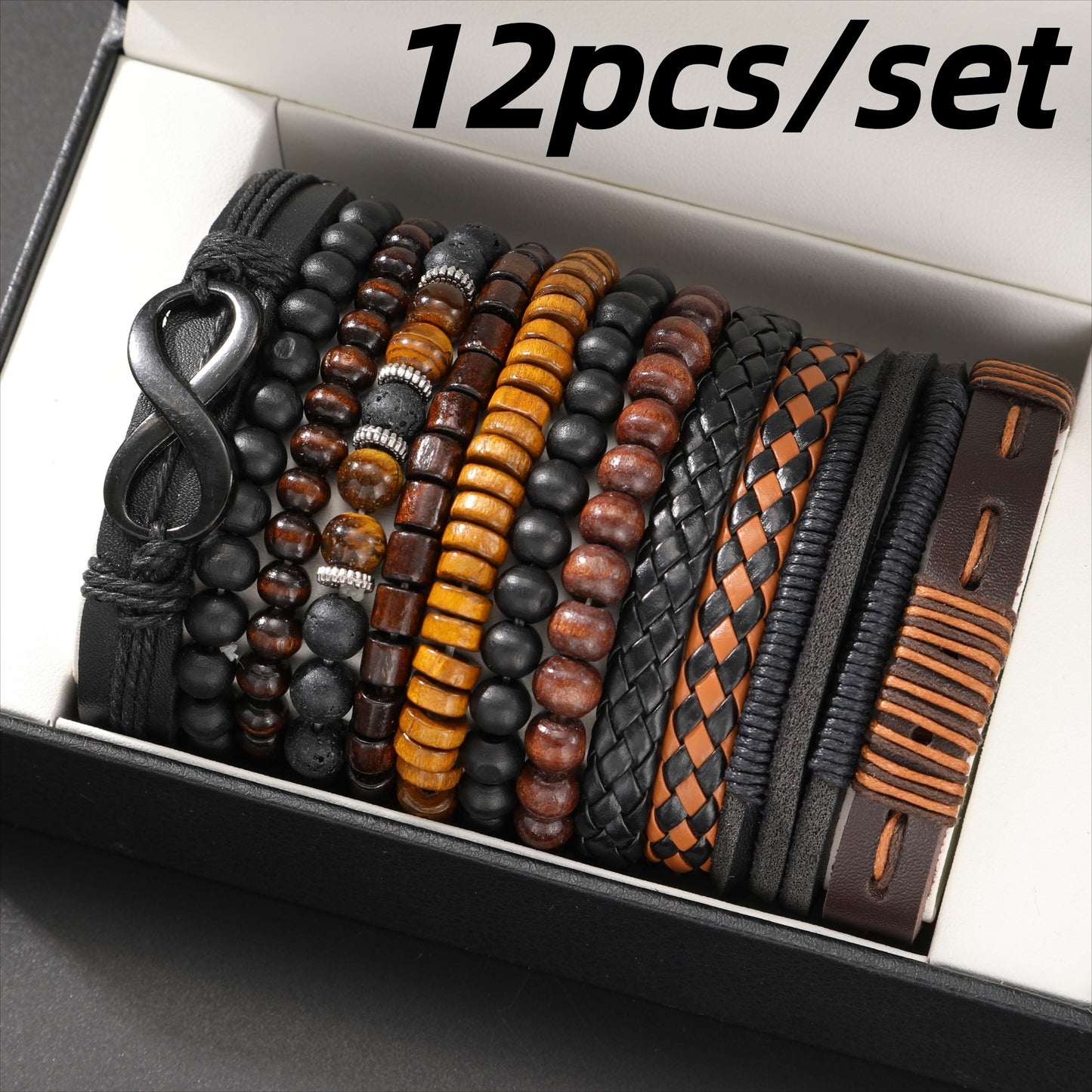 Vintage Men's Bracelet Set - Woven Leather, Tiger's Eye, and Moonstone