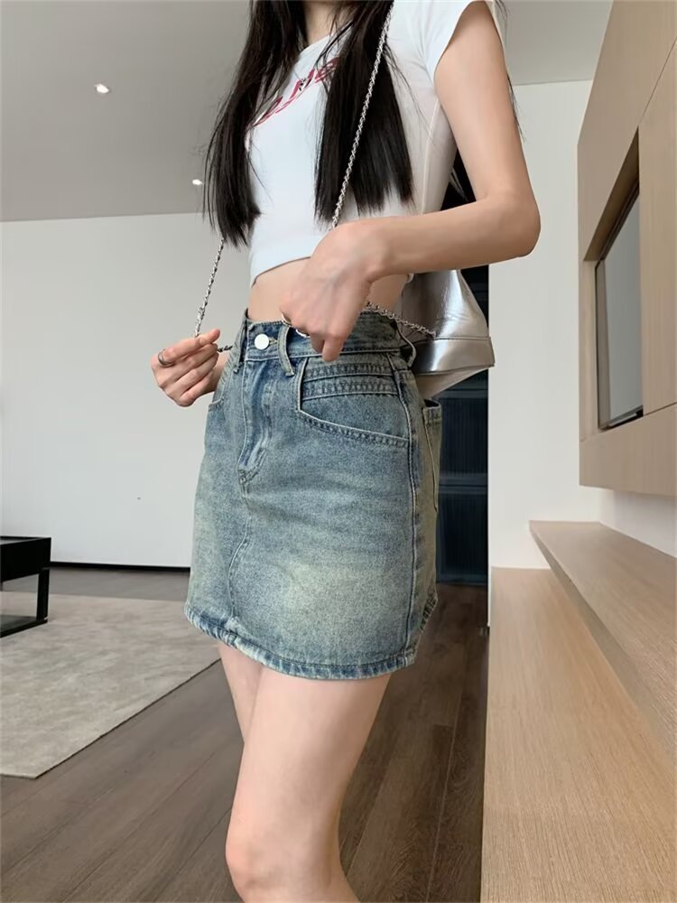 Summer Retro Hot Girl Denim Skirt With Lining High Waist Slim A-line Hip Skirt