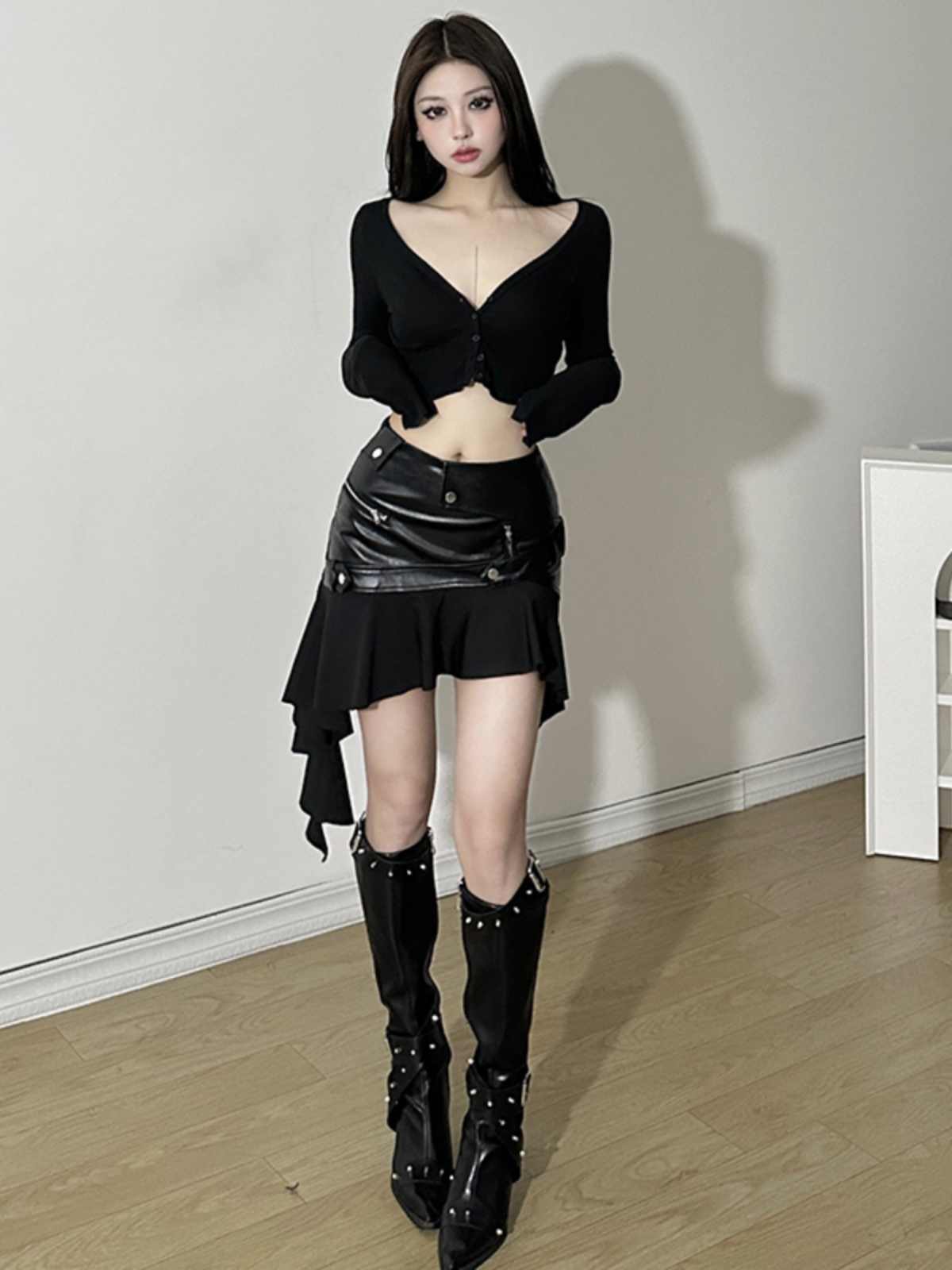 PU Leather Stitching Irregular Skirt Hip Skirt