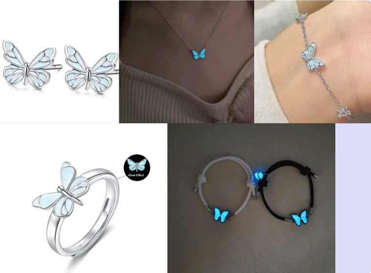 Moderiktigt blått lysande fjärilshalsband armbandsset för kvinnor med nyckelbenskedja, choker, festsmyckeset, present