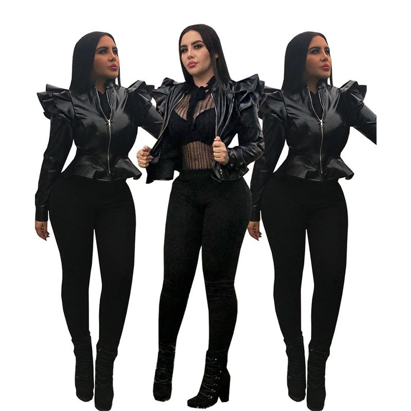 Leather Casual Women's Ruffled Leather Jacket - Black Color Classification Ruffle Edge Decoration Female