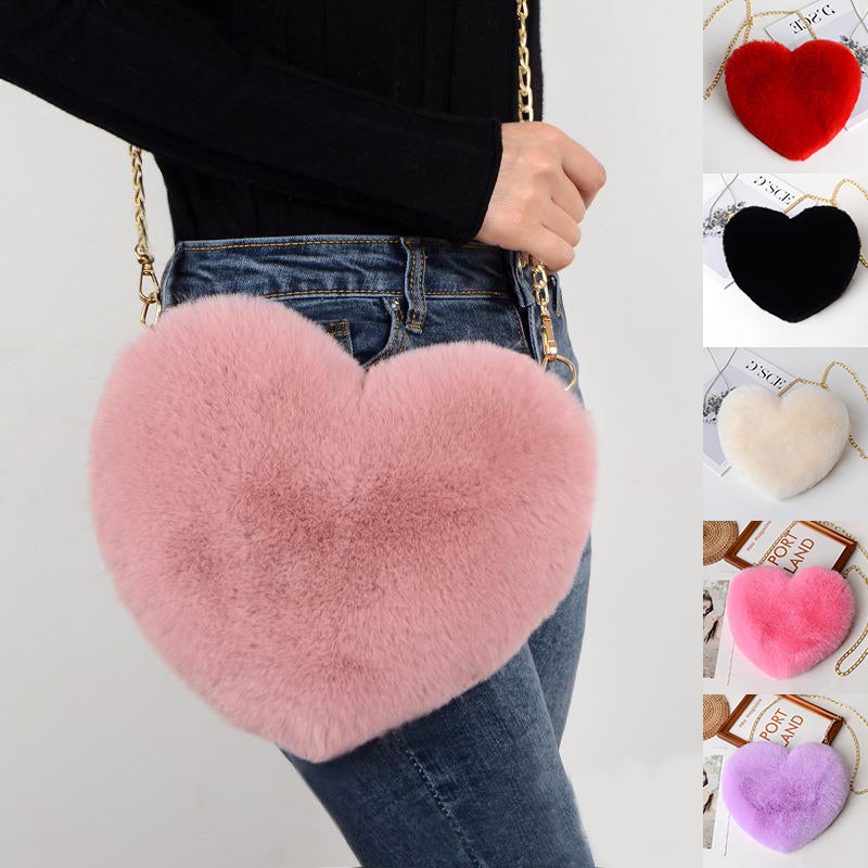 Heart-Shaped Plush Evening Bag - Romantic Chain Shoulder Bag for Special Occasions