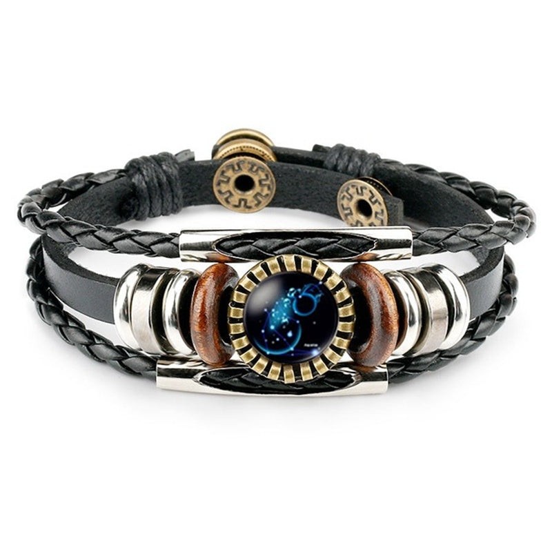 Stjärnteckenarmband för kvinnor och män, 12 stjärnbilder, pärlbesatta handvävda PU-läderarmband