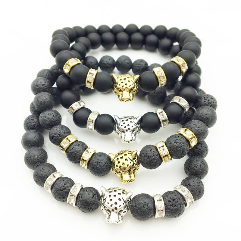 8mm Natursten Lavasten Pärlarmband För Män Leopardhuvud Leopardhänge Charm Armband Handgjorda Smycken