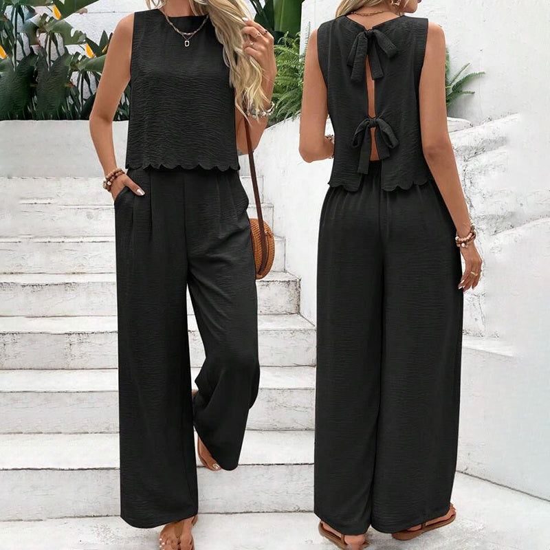 Elegant 2-delat matchande set för kvinnor, ärmlös crop top och vida byxor