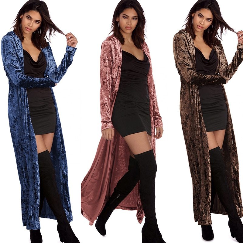 Women's Fashion Velvet Jacket Autumn Long Coat Stitch Outerwear Coat Casual Tops Cardigan Women Clothing Plus Size
