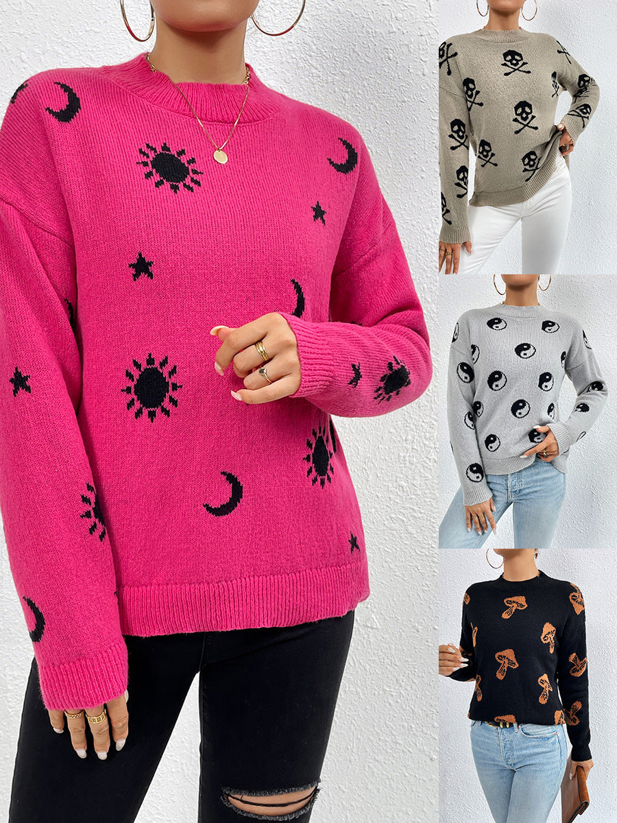 Jacquard Crewneck Pullover Stickade Tröjor För Dam Casual Skull Halloween Tröja Höst- Och Vintertoppar