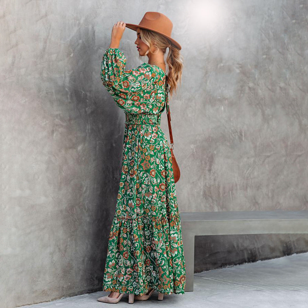 Mode Tryckta Lantern Långärmade V-hals Halter Couture Robe