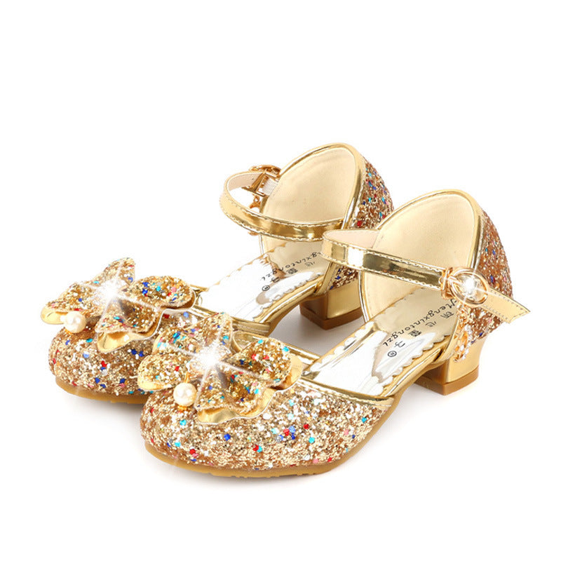 Four Seasons Children's Shoes Girls High Heel Shoes Little Princess Performance Leather Shoes Silver Children Pumps Middle And Big Children Catwalk Crystal Shoes