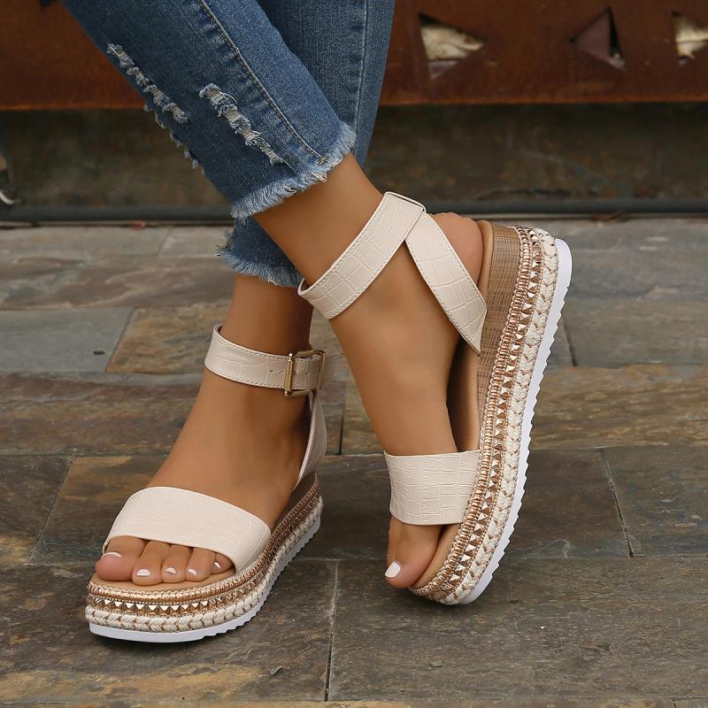 Sommar Sandaler Spänne Rem Hampa Kilar Plattform Peep Toe Skor Dam