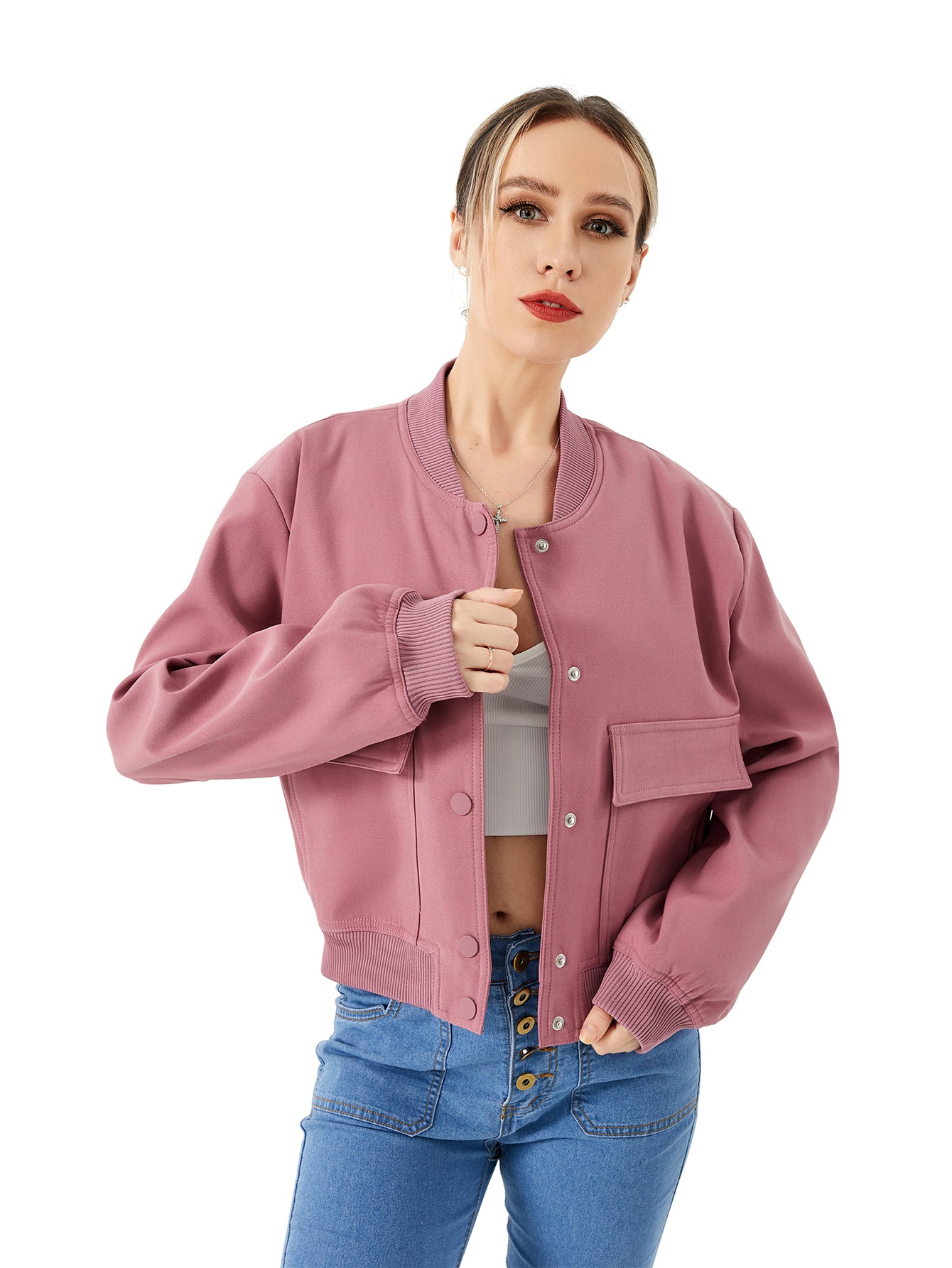 Veste bombardier courte légère pour femmes, veste universitaire décontractée à manches longues avec poche, mode Y2k, Streetwear