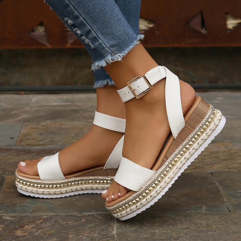 Sommar Sandaler Spänne Rem Hampa Kilar Plattform Peep Toe Skor Dam