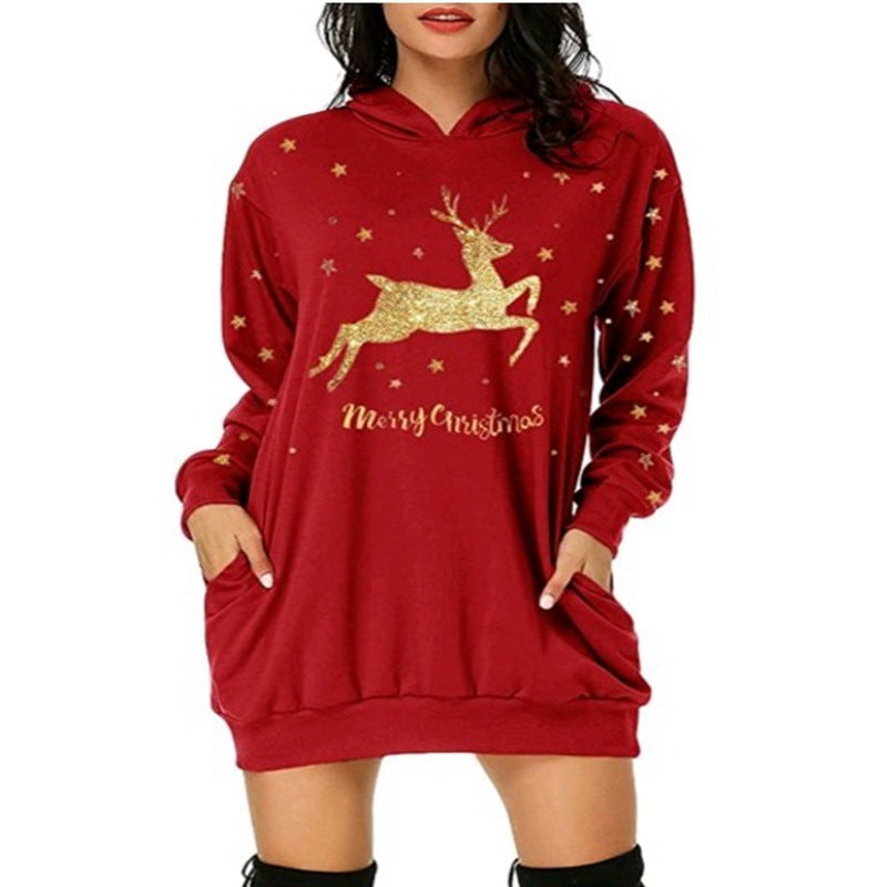 Pull à capuche et manches longues avec poche mi-longue imprimée, offre spéciale de noël