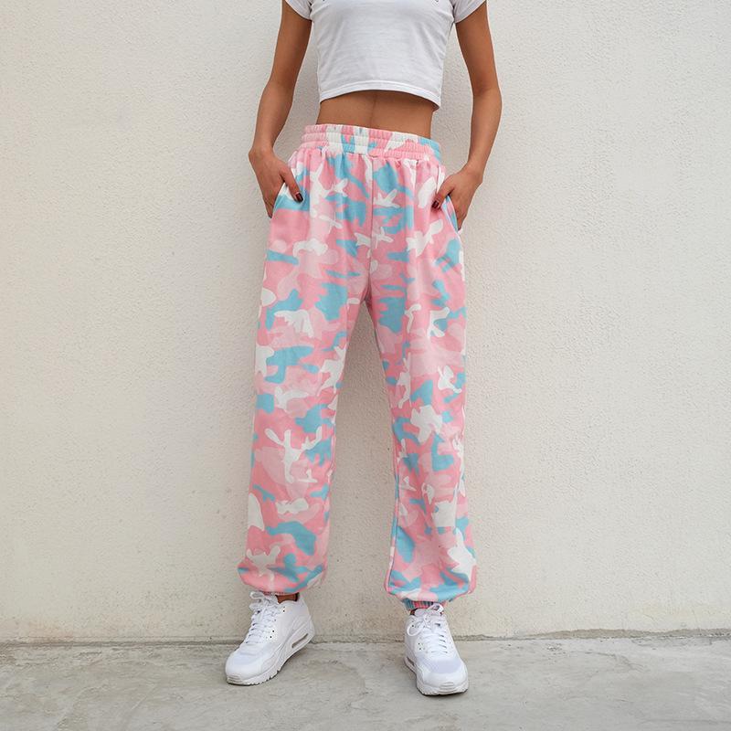 NCLAGEN 2021 Nya kvinnor rosa camouflage Skriv ut byxor Loose Harem Camo byxor Spring High Midja Casual Joggers Elastisk S Vetbyxor