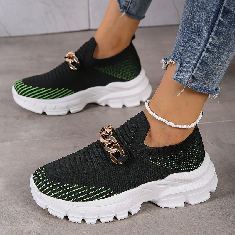 Modekedja Design Mesh Skor För Kvinnor Andas Casual Mjuk sula Gåstrumpa Slip On Flat Shoes