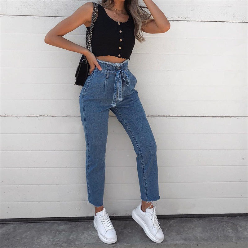 vintage tofsar hög midja jeans med gu ladda kvinnor sommar höst