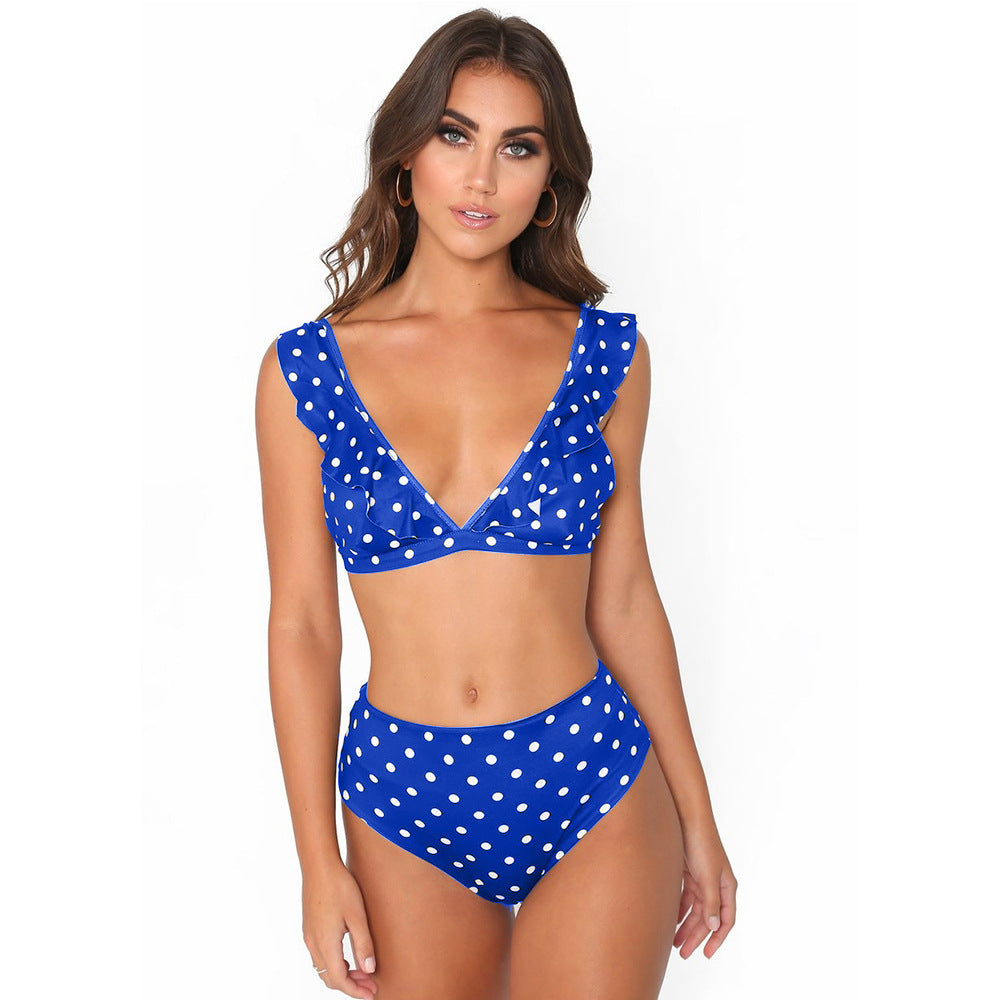 2 st svartvit prickig baddräkt sexig volangbikiniset med djup V-ringning sommarstrand damkläder