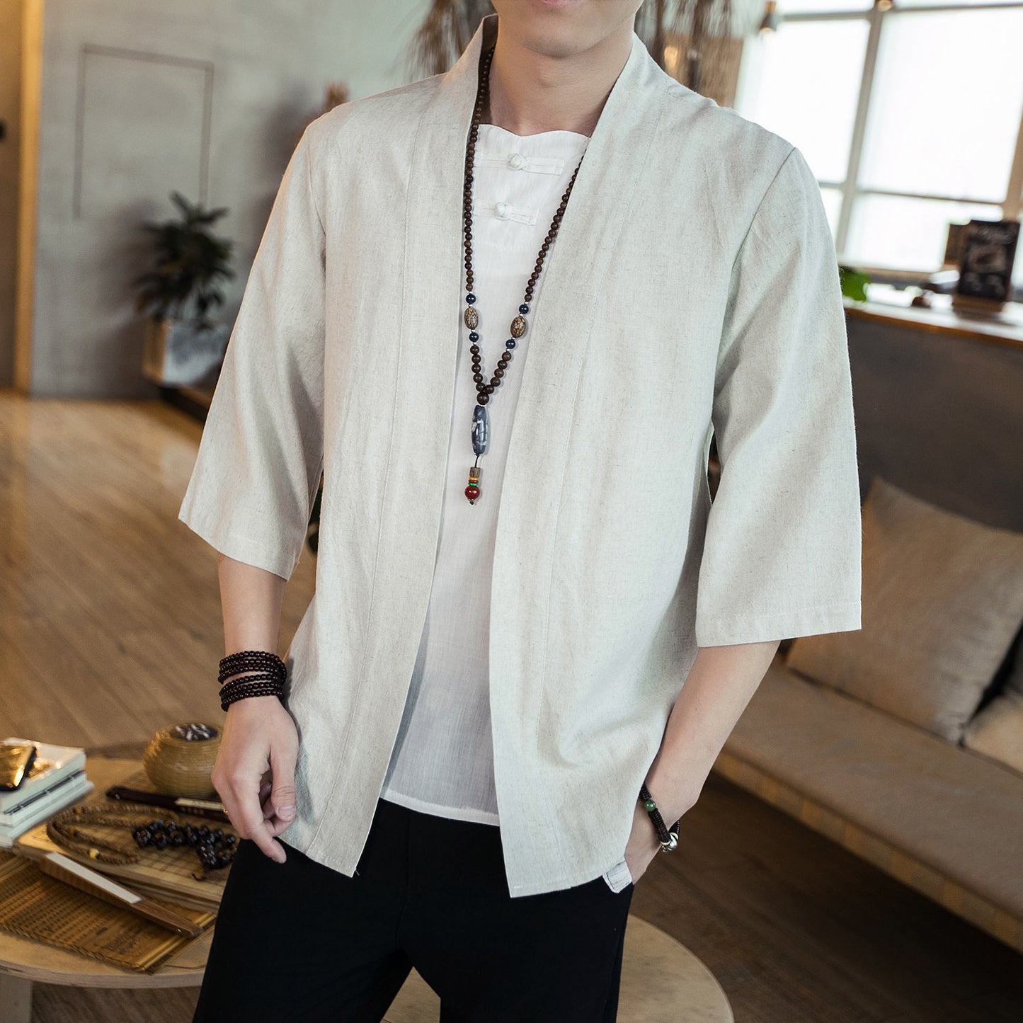 Sommaren mäns kinésiska style bomull och linne fast färg Hanfu sju punkts slem koftan skjorta hommes mode tendance merde rt