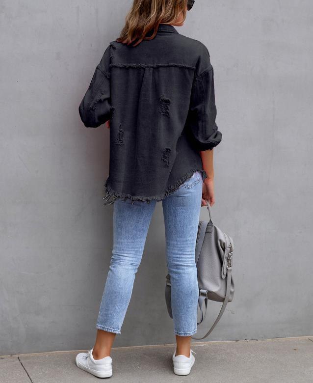 Veste en jean légère effilochée surdimensionnée pour femme, boutonnée, déchirée, en détresse