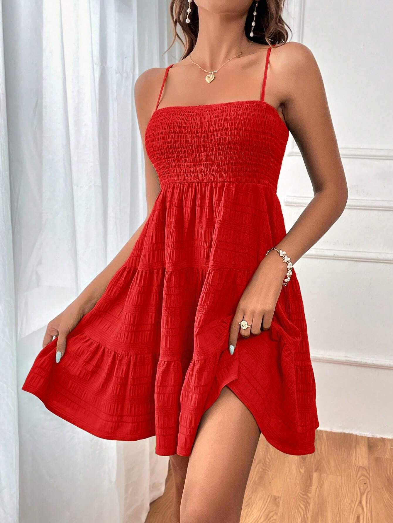 Summer Square-Collar Suspender Pleated Dress - Fashion Solid Color Beach Dress - Premium Polyester