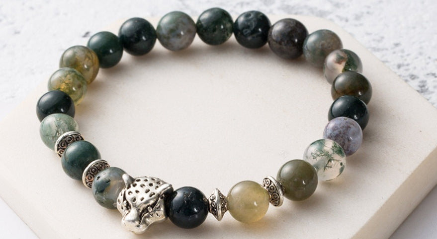 8mm Natursten Lavasten Pärlarmband För Män Leopardhuvud Leopardhänge Charm Armband Handgjorda Smycken