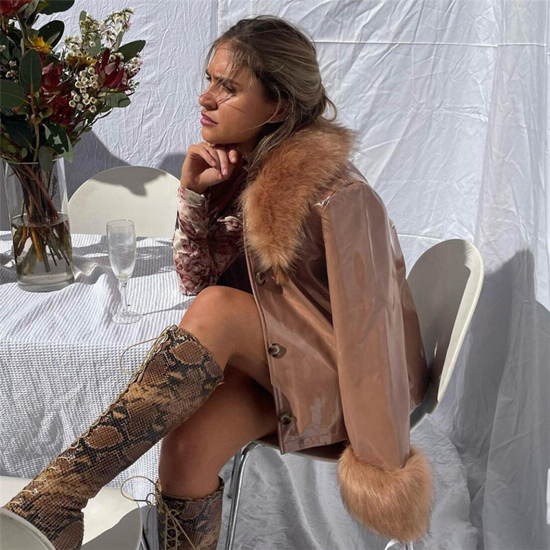 Women's Fur Collar Single-Breasted Slim Warm Leather Jacket - Elegant High-Quality Durable Winter